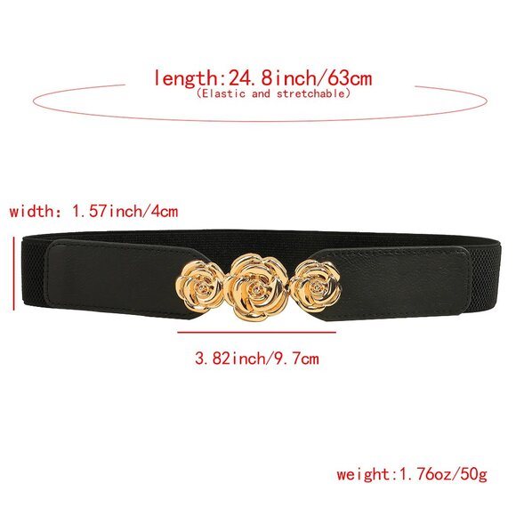 2/$30 Elastic Stretch Black Belt with Gold Rose Buckle Thin Pu Leather For Dress - Picture 4 of 8